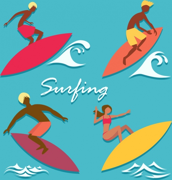 surfer icons colored cartoon design