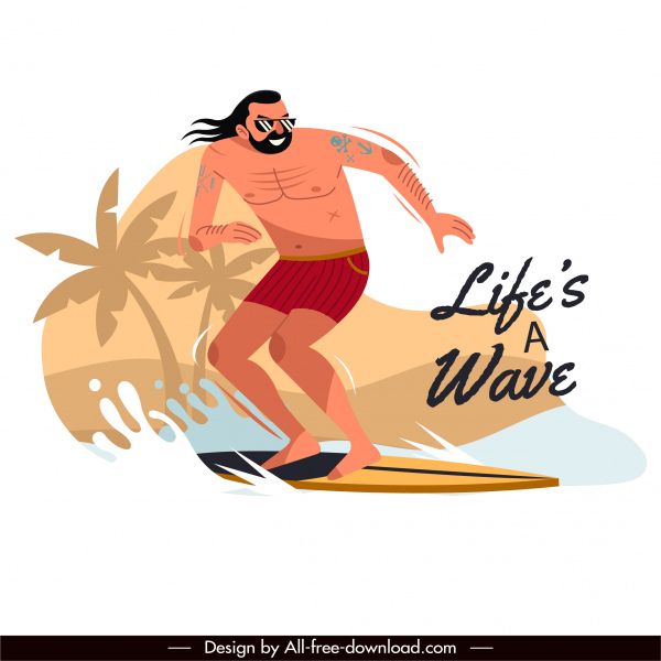 surfing activity banner dynamic cartoon sketch