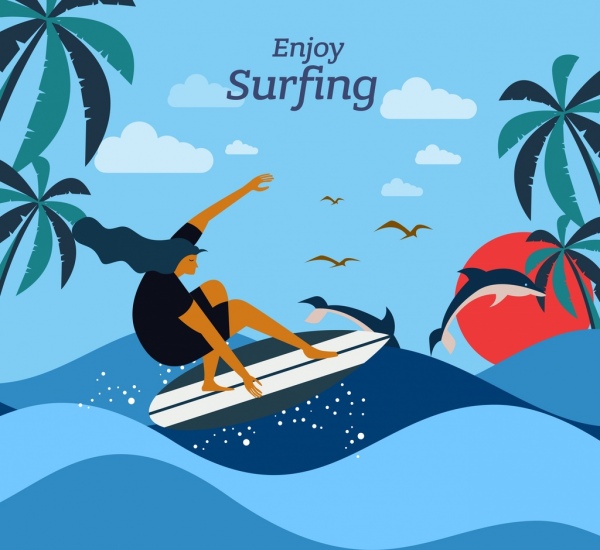 surfing advertising banner surfer sea waves cartoon design