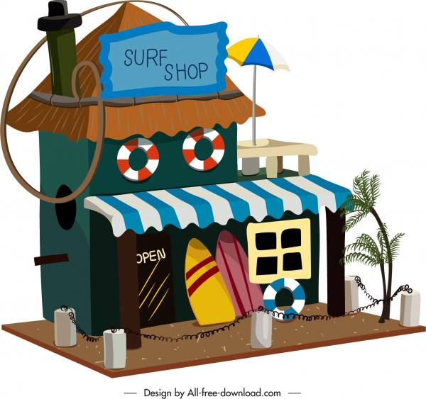 surfing shop template colorful 3d sketch