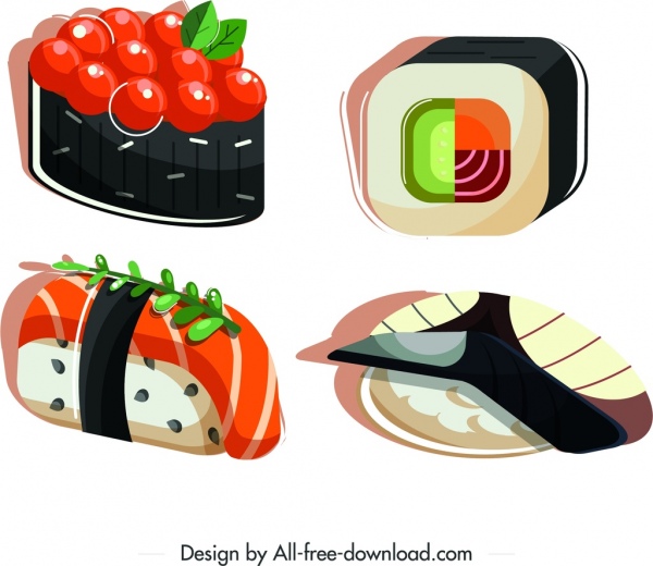sushi cuisines icons colorful 3d sketch