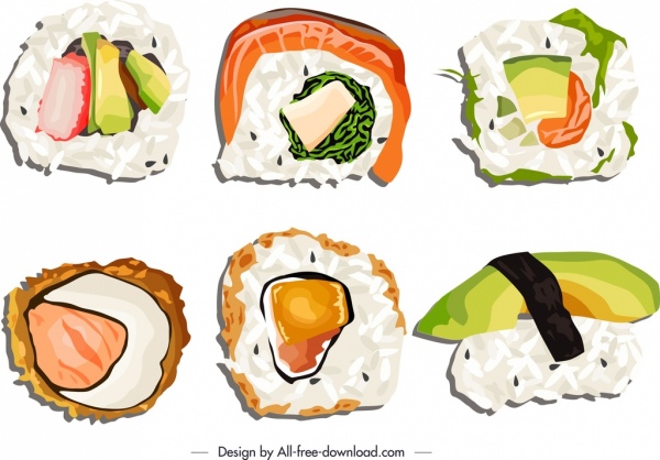 sushi food icons bright colorful flat sketch
