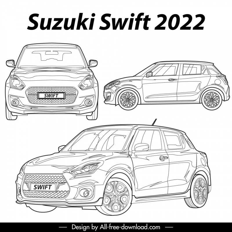 suzuki swift 2022 car models advertising template black white handdrawn different views  outline 