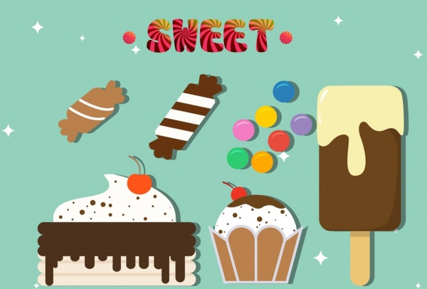 sweet food design elements cream candies cakes icons