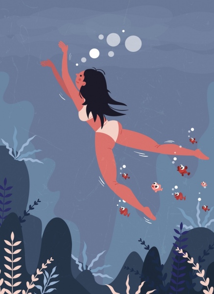 swimming background bikini woman fish icons colored cartoon