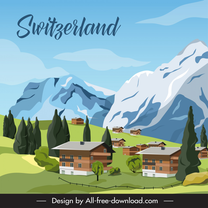 switzerland advertising backdrop template rural landscape sketch classical design 