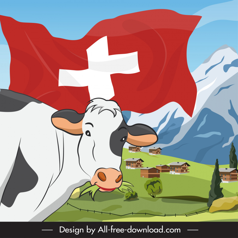 switzerland advertising banner template cow flag farm scene sketch handdrawn cartoon design  