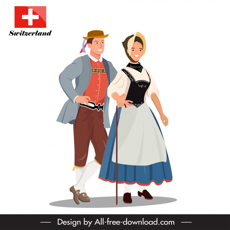   switzerland advertising design elements cartoon man woman in traditional costume sketch