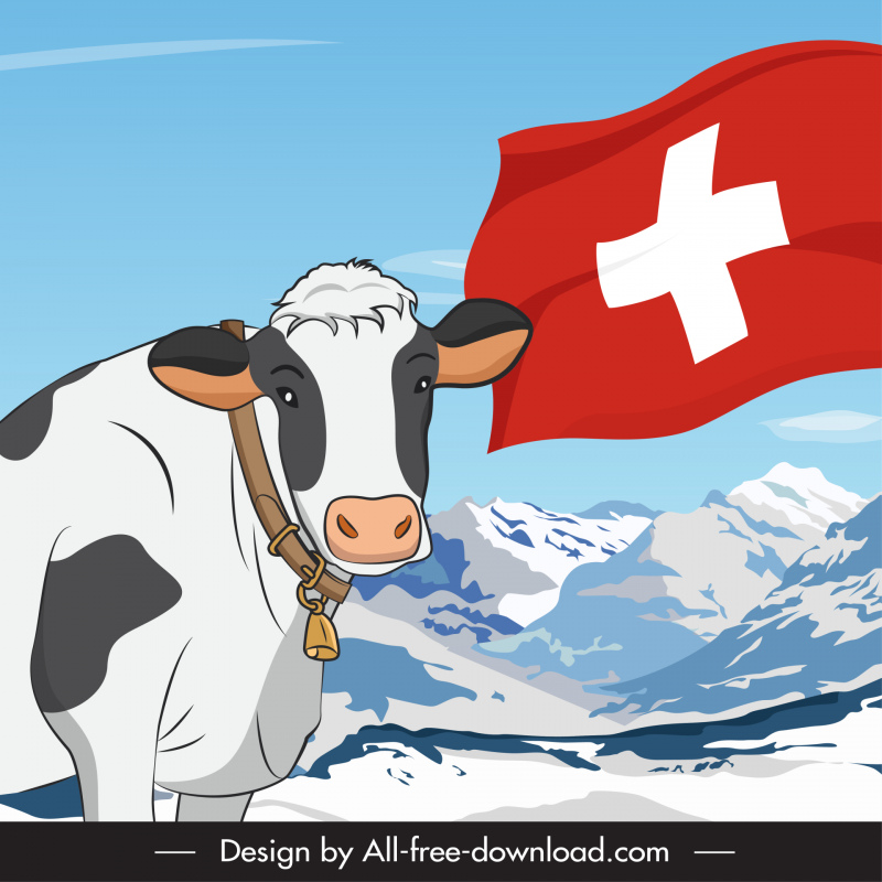  switzerland advertising poster template cartoon cow waving flat snow mountain scenery sketch
