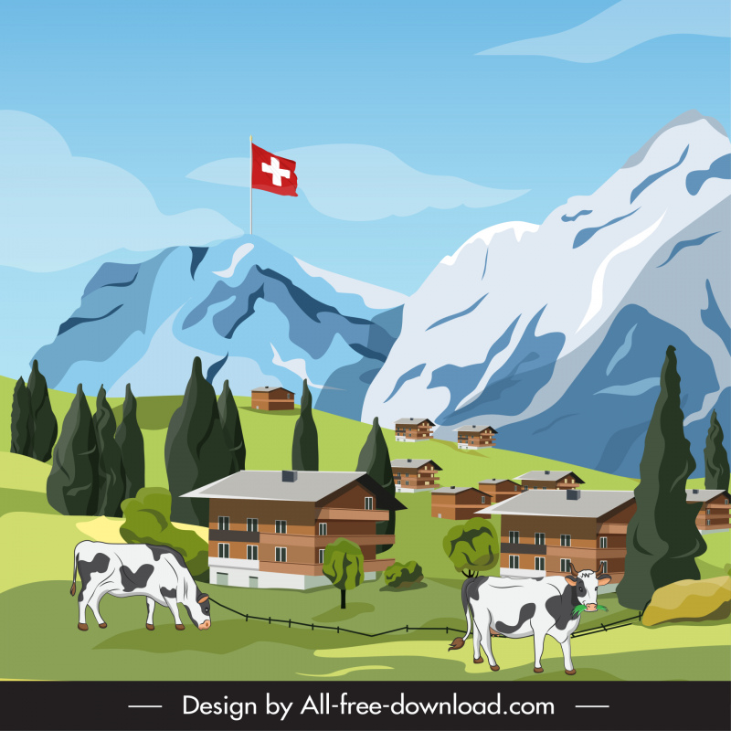  switzerland countryside scene backdrop cows farm mountain flag sketch