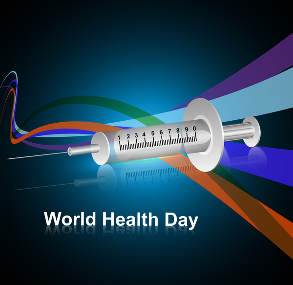 syringe for world health day medical symbol concept colorful wave background