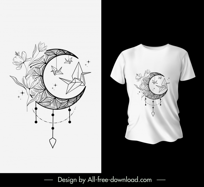 t shirt design elements handdranw moon paper cranes