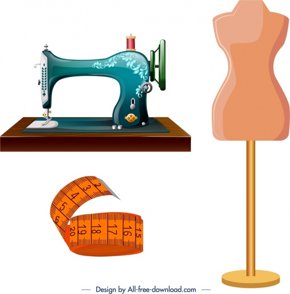 tailor design elements sewing machine ruler mannequin icons 