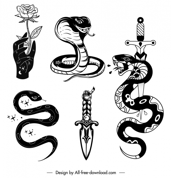 tatoo elements icons classic snake sword rose sketch