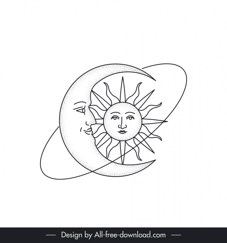 tattoo art template flat black white handdrawn stylized moon sun sketch