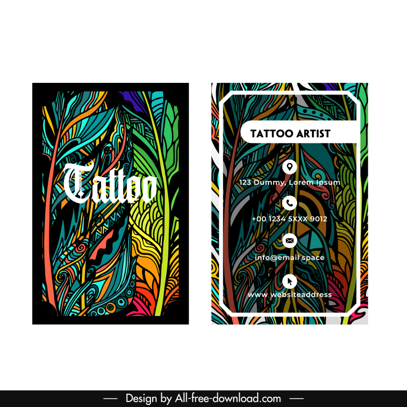 tattoo business card template colorful handdrawn feather elements