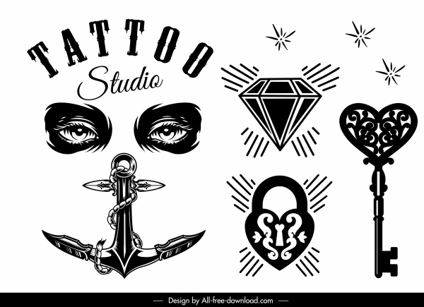 tattoo decor elements black white vintage shapes