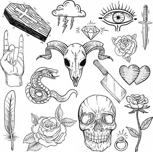 tattoo design elements black white classical sketch