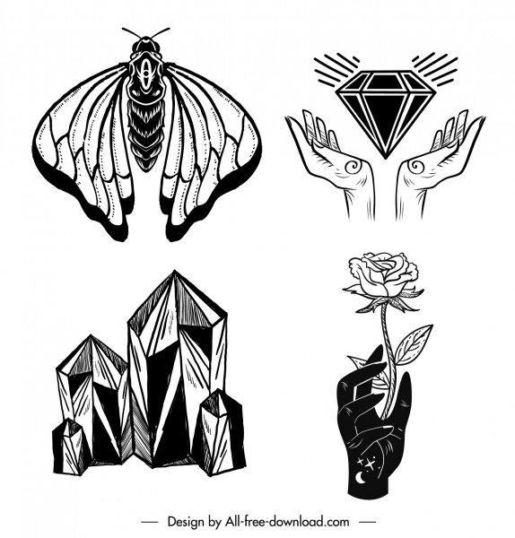 tattoo icons black white insect diamond rose sketch
