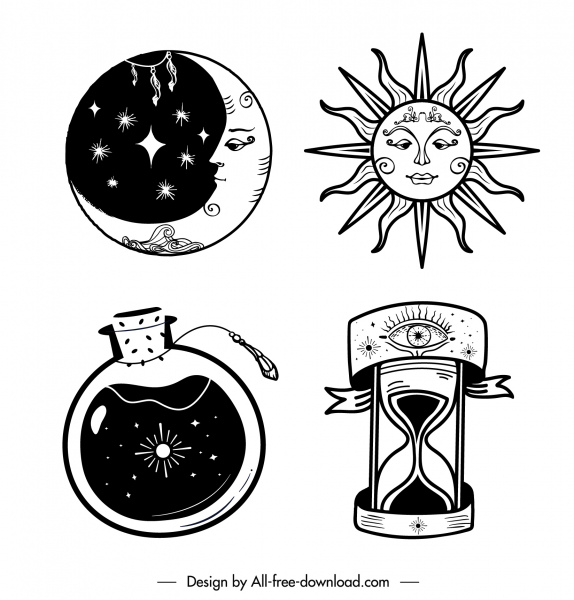 tattoo icons flat moon sun sandglass bottle sketch