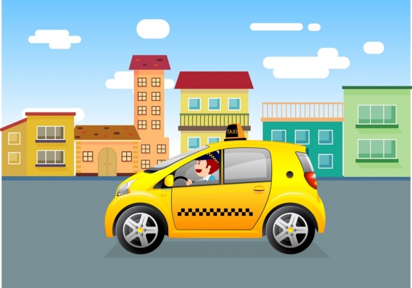 taxi advertising yellow car town colored cartoon design