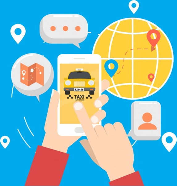 taxi app banner smartphone globe ui icons decor