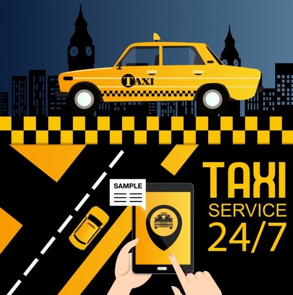 taxi service advertisement yellow car smartphone icons decor 