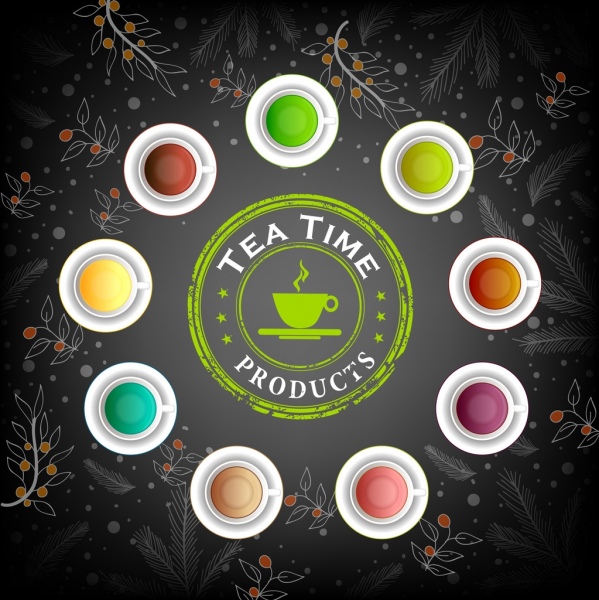 tea advertisement colorful beverage cups icon flowers backdrop