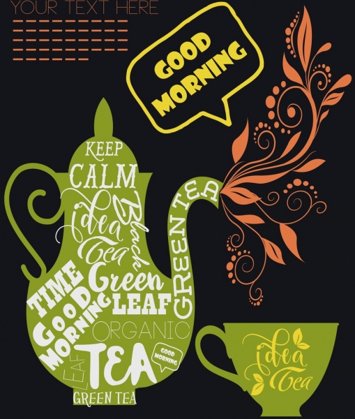 tea advertisement green flat design calligraphic flowers decor