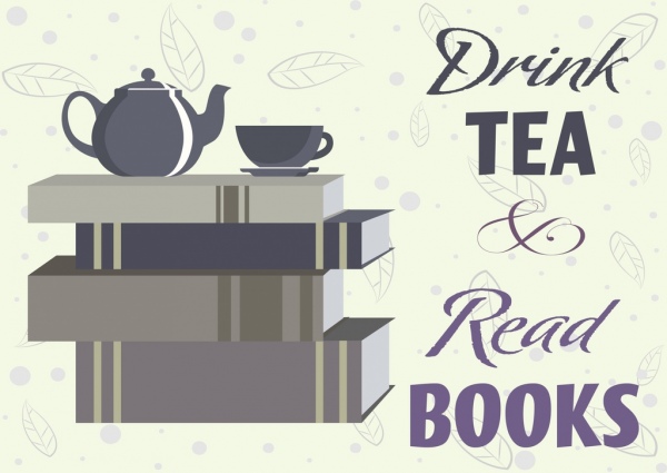 tea break banner book stack cup pot leaf icons