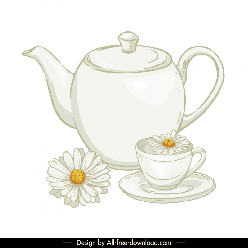 tea break design elements daisy teapot cup sketch classic handdrawn 