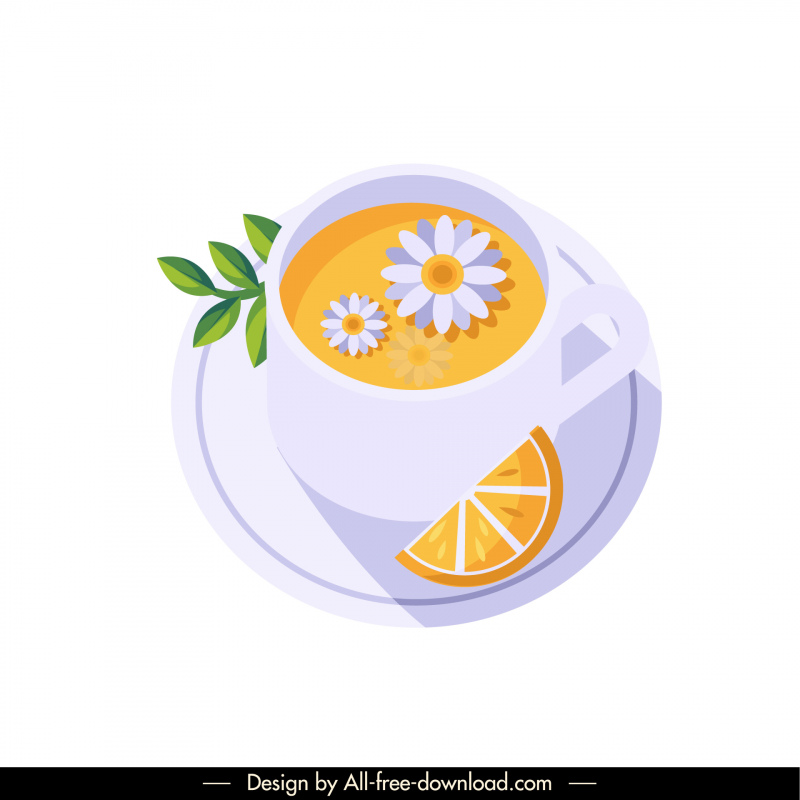 tea cup icon elegant flower leaf lemon slice decor