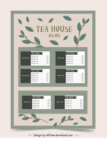 tea menu template classical leaves decor 