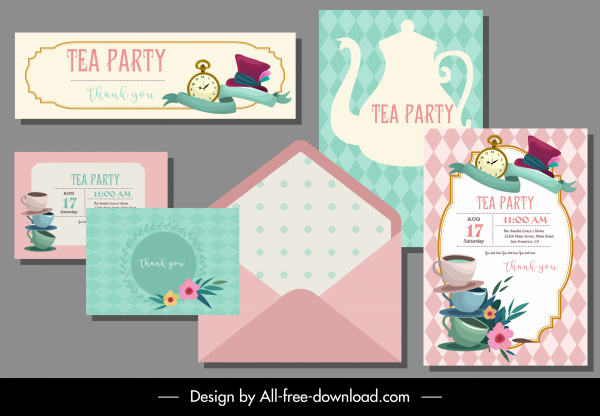 tea party card template pot cups sketch
