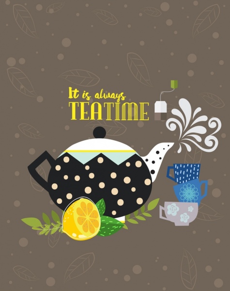 tea time banner classical design pot cup lemon icons