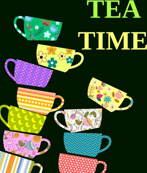 tea time banner colorful cup icons flat design