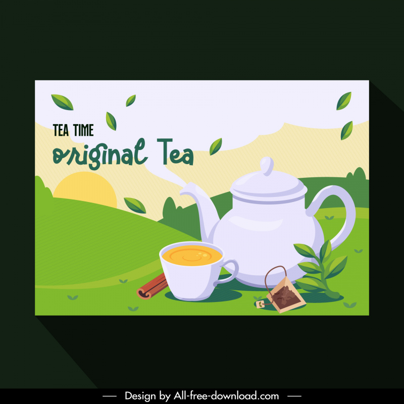 tea time poster template dynamic flying leaves cup pot hill scenery outline 