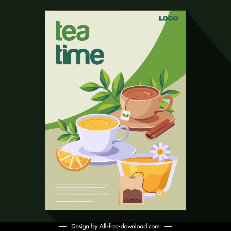 tea time poster template elegant classical cups herbs sketch