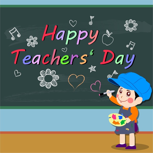 teachers day banner with pupil and chalkboard illustration