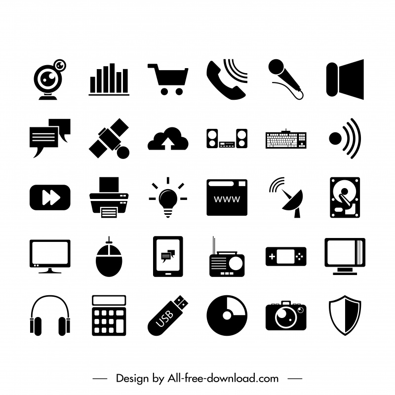 technology icon sets flat black white symbols outline