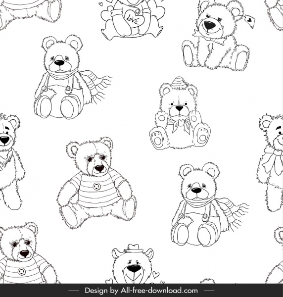 teddy bear pattern black white repeating handdrawn sketch