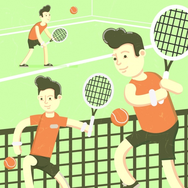 tennis background male player icons colored cartoon character