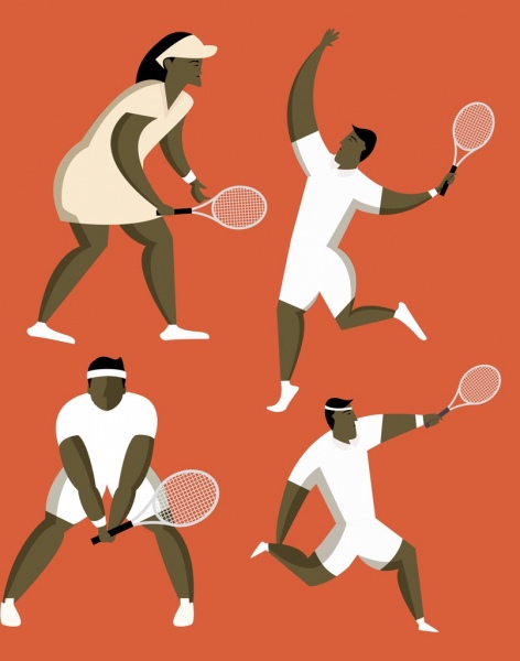 tennis players icons various gestures cartoon characters