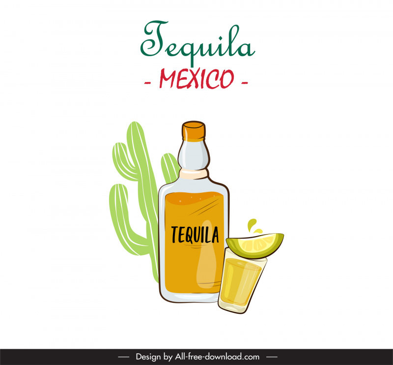 tequila mexico drink advertising poster flat retro handdrawn cactus bottle wine cup lemon slice sketch