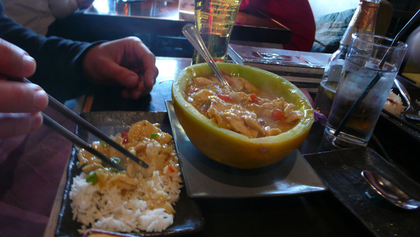 thai curry in a honeydew melon 