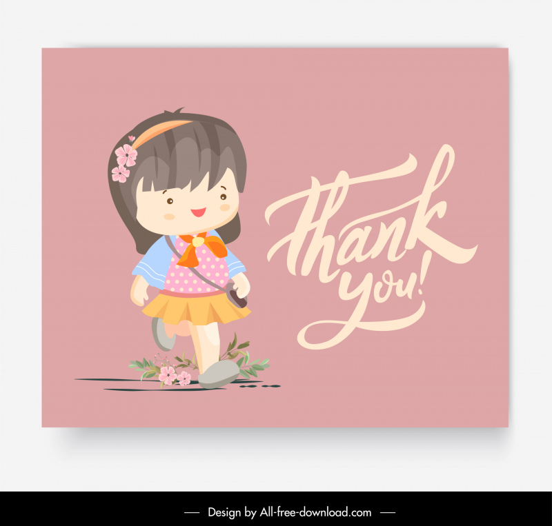 thank you card template cute cartoon girl