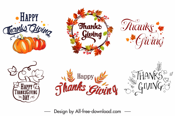 happy thanksgiving decorative elements calligraphic wreath leaf pumpkin sketch