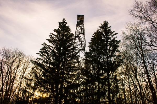 the firetower at sunset at yellow river state forest iowa 