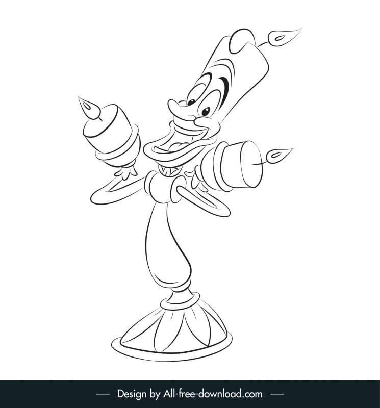 the lamp lumiere outline in beauty and the beast 1991 icon black white dynamic cartoon character sketch