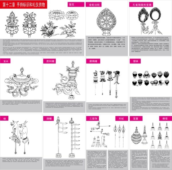 tibetan buddhist symbols and objects figure of twelve handheld objects for identification and etiquette vector